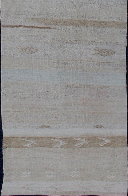 Minimalist Design Vintage Hand Woven Turkish Kilim Runner With Neutral Tones Minimalist design with traces of stripes Kilim runner in cream, light brown and taupe, Keivan Woven Arts / rug EN - 179276, country of origin / type: Turkey / Kilim, cir... - Keivan Woven ArtsEN - 179276 - 12000Rug