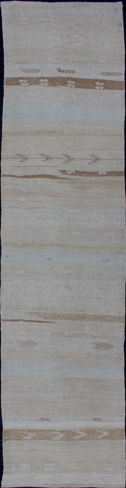 Minimalist Design Vintage Hand Woven Turkish Kilim Runner With Neutral Tones Minimalist design with traces of stripes Kilim runner in cream, light brown and taupe, Keivan Woven Arts / rug EN - 179276, country of origin / type: Turkey / Kilim, cir... - Keivan Woven ArtsEN - 179276 - 12000Rug