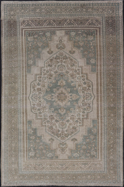 Turkish Oushak Vintage Medallion Rug in Light Blue - Green, Tan, Taupe, and Cream. Keivan Woven Arts. rug EN - 179303, country of origin / type: Turkey / Oushak, circa 1940 This beautiful vintage Oushak rug from 1940s Turkey features a medallion Ous... - Keivan Woven ArtsEN - 179303 - 17574Rug