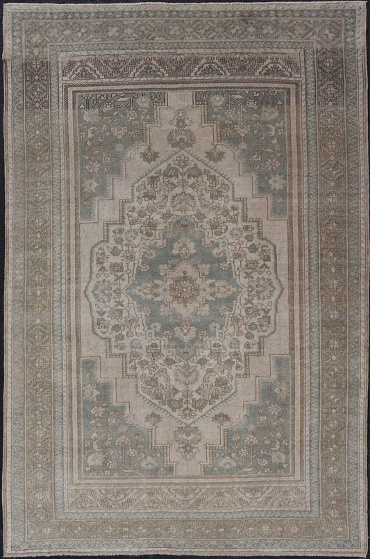 Turkish Oushak Vintage Medallion Rug in Light Blue - Green, Tan, Taupe, and Cream. Keivan Woven Arts. rug EN - 179303, country of origin / type: Turkey / Oushak, circa 1940 This beautiful vintage Oushak rug from 1940s Turkey features a medallion Ous... - Keivan Woven ArtsEN - 179303 - 17574Rug