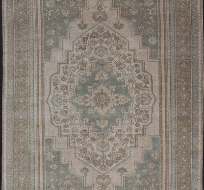 Turkish Oushak Vintage Medallion Rug in Light Blue - Green, Tan, Taupe, and Cream. Keivan Woven Arts. rug EN - 179303, country of origin / type: Turkey / Oushak, circa 1940 This beautiful vintage Oushak rug from 1940s Turkey features a medallion Ous... - Keivan Woven ArtsEN - 179303 - 17574Rug