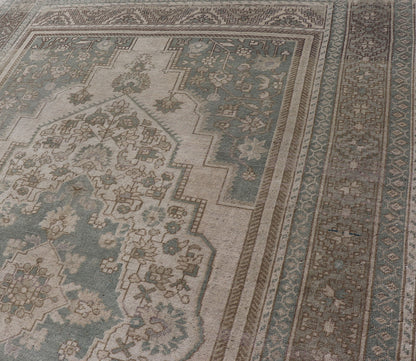 Turkish Oushak Vintage Medallion Rug in Light Blue - Green, Tan, Taupe, and Cream. Keivan Woven Arts. rug EN - 179303, country of origin / type: Turkey / Oushak, circa 1940 This beautiful vintage Oushak rug from 1940s Turkey features a medallion Ous... - Keivan Woven ArtsEN - 179303 - 17574Rug