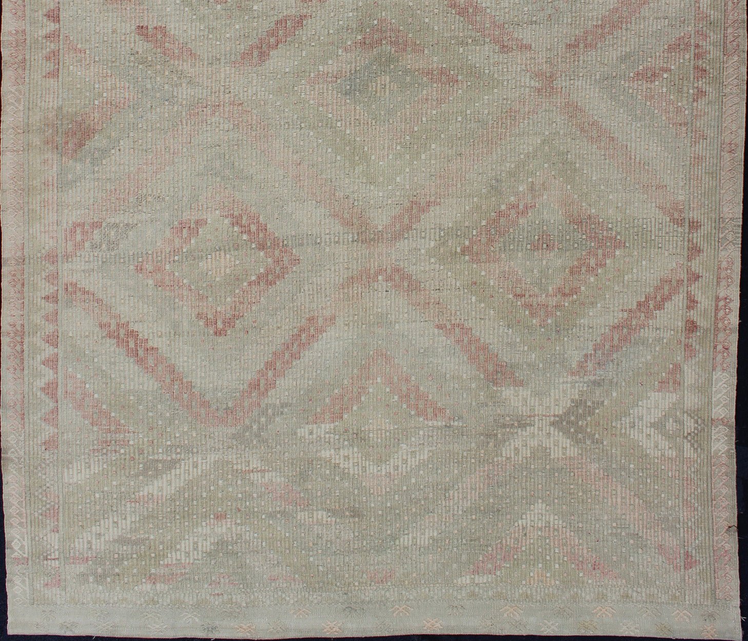 Vintage Turkish Large Embroidered Rug with Geometric Diamond Design with soft colors Large Embroidered vintage rug from Turkey in shades of tan, light green, light red, and cream with geometric pattern, rug EN - 179324, country of origin / type: Turk... - Keivan Woven ArtsEN - 179324 - 12777Rug