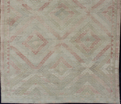 Vintage Turkish Large Embroidered Rug with Geometric Diamond Design with soft colors Large Embroidered vintage rug from Turkey in shades of tan, light green, light red, and cream with geometric pattern, rug EN - 179324, country of origin / type: Turk... - Keivan Woven ArtsEN - 179324 - 12777Rug