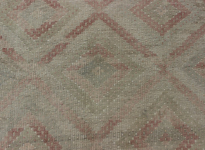 Vintage Turkish Large Embroidered Rug with Geometric Diamond Design with soft colors Large Embroidered vintage rug from Turkey in shades of tan, light green, light red, and cream with geometric pattern, rug EN - 179324, country of origin / type: Turk... - Keivan Woven ArtsEN - 179324 - 12777Rug