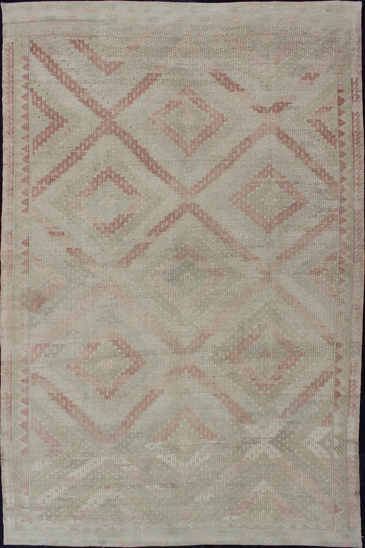 Vintage Turkish Large Embroidered Rug with Geometric Diamond Design with soft colors Large Embroidered vintage rug from Turkey in shades of tan, light green, light red, and cream with geometric pattern, rug EN - 179324, country of origin / type: Turk... - Keivan Woven ArtsEN - 179324 - 12777Rug