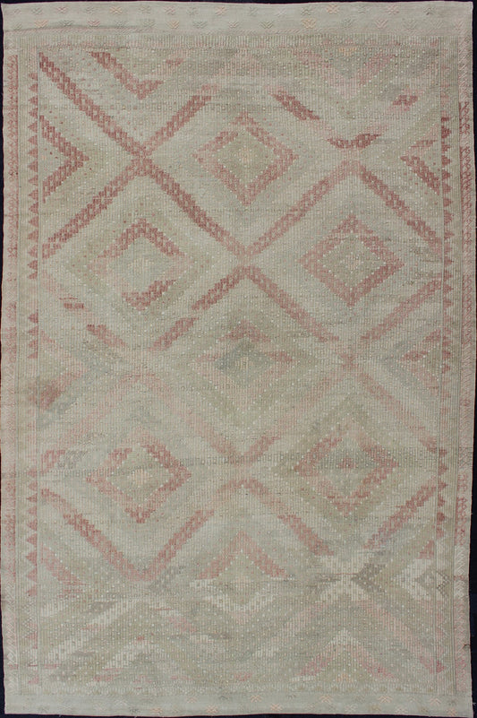 Vintage Turkish Large Embroidered Rug with Geometric Diamond Design with soft colors Large Embroidered vintage rug from Turkey in shades of tan, light green, light red, and cream with geometric pattern, rug EN - 179324, country of origin / type: Turk... - Keivan Woven ArtsEN - 179324 - 12777Rug