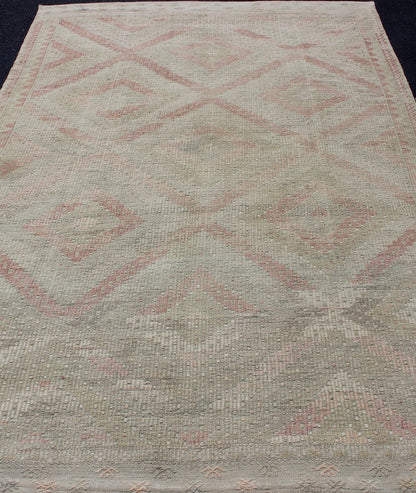 Vintage Turkish Large Embroidered Rug with Geometric Diamond Design with soft colors Large Embroidered vintage rug from Turkey in shades of tan, light green, light red, and cream with geometric pattern, rug EN - 179324, country of origin / type: Turk... - Keivan Woven ArtsEN - 179324 - 12777Rug