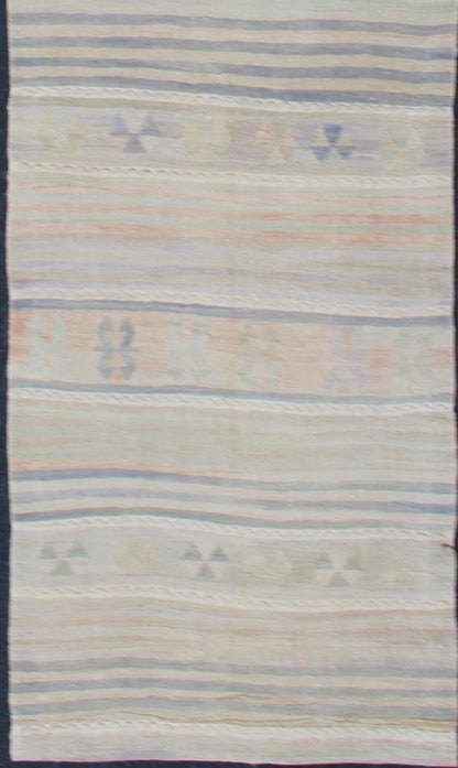 Vintage Turkish Kilim Runner with Soft Stripes and Modern Design in Muted Colors Vintage Turkish Kilim runner with a stripe and modern design in taupe, light pink, light green, slight blue tones and neutrals. Minimalist stripe design Kilim runne... - Keivan Woven ArtsEN - 179340 - 12006Rug