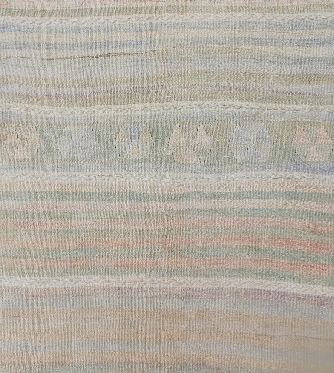 Vintage Turkish Kilim Runner with Soft Stripes and Modern Design in Muted Colors Vintage Turkish Kilim runner with a stripe and modern design in taupe, light pink, light green, slight blue tones and neutrals. Minimalist stripe design Kilim runne... - Keivan Woven ArtsEN - 179340 - 12006Rug