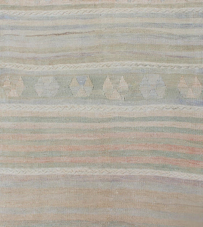 Vintage Turkish Kilim Runner with Soft Stripes and Modern Design in Muted Colors Vintage Turkish Kilim runner with a stripe and modern design in taupe, light pink, light green, slight blue tones and neutrals. Minimalist stripe design Kilim runne... - Keivan Woven ArtsEN - 179340 - 12006Rug