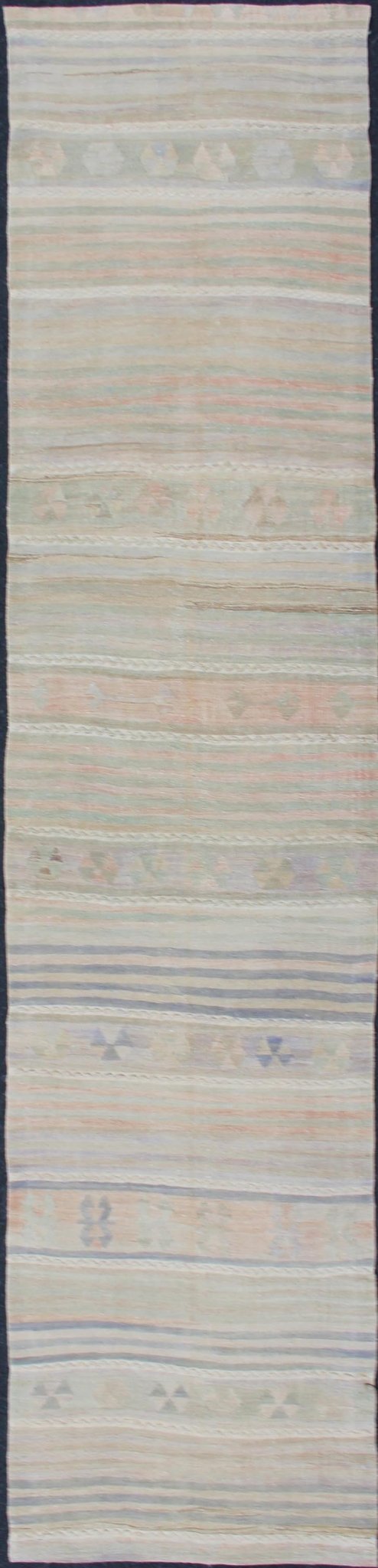 Vintage Turkish Kilim Runner with Soft Stripes and Modern Design in Muted Colors Vintage Turkish Kilim runner with a stripe and modern design in taupe, light pink, light green, slight blue tones and neutrals. Minimalist stripe design Kilim runne... - Keivan Woven ArtsEN - 179340 - 12006Rug