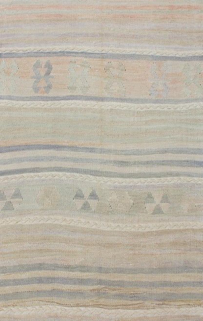 Vintage Turkish Kilim Runner with Soft Stripes and Modern Design in Muted Colors Vintage Turkish Kilim runner with a stripe and modern design in taupe, light pink, light green, slight blue tones and neutrals. Minimalist stripe design Kilim runne... - Keivan Woven ArtsEN - 179340 - 12006Rug