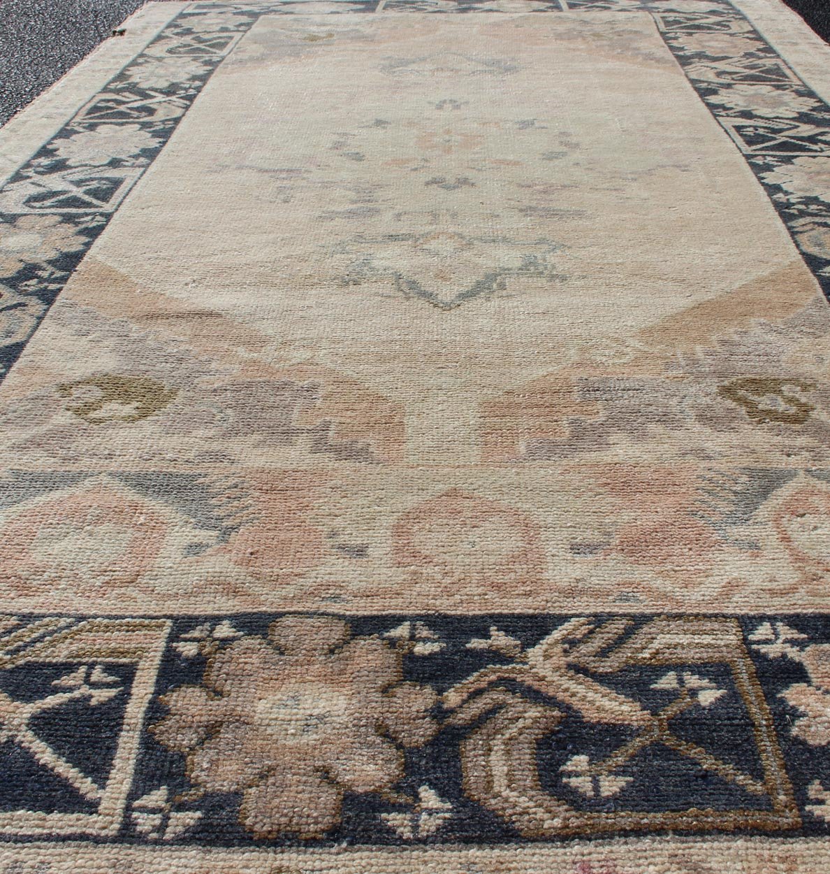 Vintage Turkish Oushak Rug in Tan & Navy Blue. Vintage Oushak Rug in Tan & Navy Blue With Floral Medallion Design and Sub Geometric Border in boteh and botanical motifs. Keivan Woven Arts/ rug EN - 179353, country of origin / type: Turkey / Ousha... - Keivan Woven ArtsEN - 179353 - 12357Rug