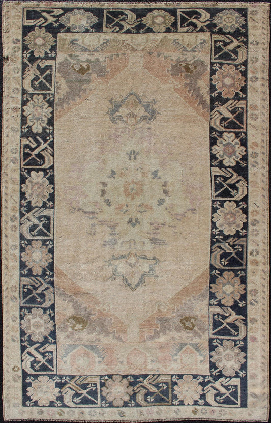 Vintage Turkish Oushak Rug in Tan & Navy Blue. Vintage Oushak Rug in Tan & Navy Blue With Floral Medallion Design and Sub Geometric Border in boteh and botanical motifs. Keivan Woven Arts/ rug EN - 179353, country of origin / type: Turkey / Ousha... - Keivan Woven ArtsEN - 179353 - 12357Rug