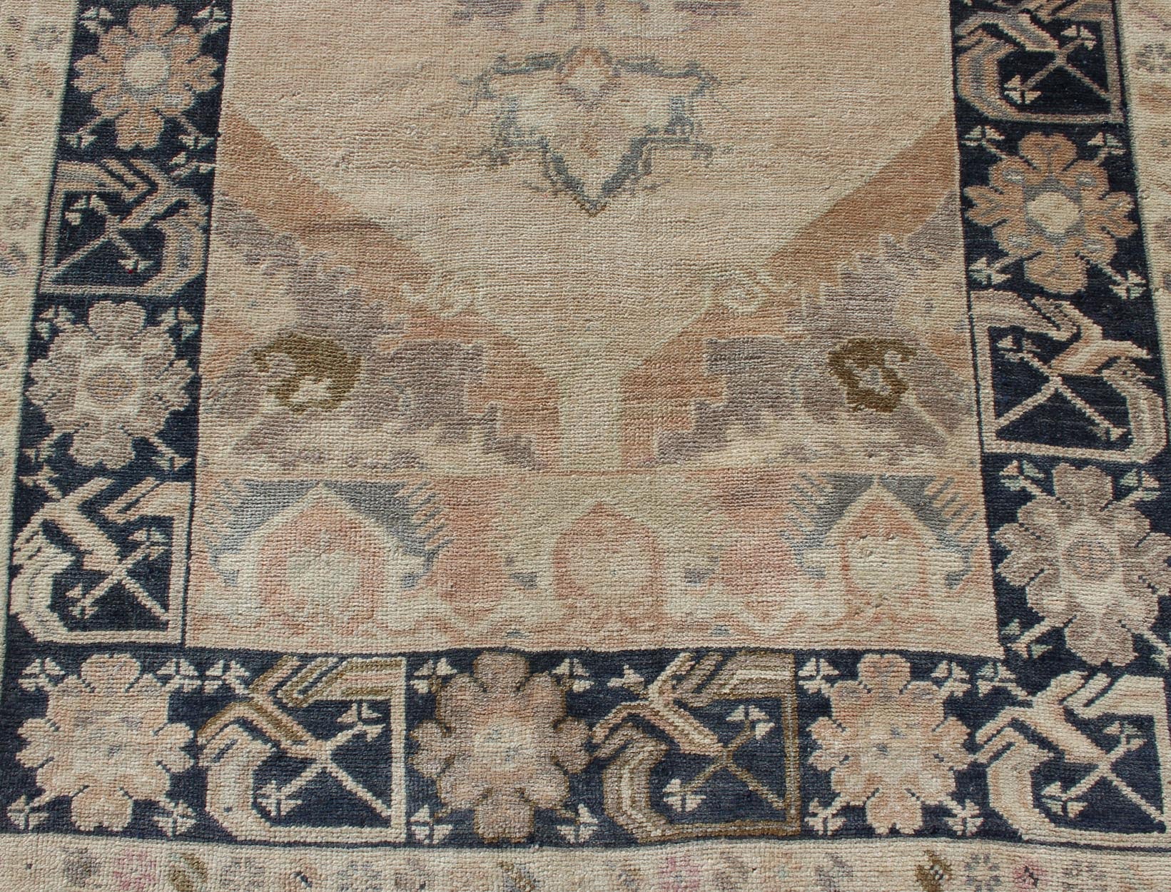 Vintage Turkish Oushak Rug in Tan & Navy Blue. Vintage Oushak Rug in Tan & Navy Blue With Floral Medallion Design and Sub Geometric Border in boteh and botanical motifs. Keivan Woven Arts/ rug EN - 179353, country of origin / type: Turkey / Ousha... - Keivan Woven ArtsEN - 179353 - 12357Rug