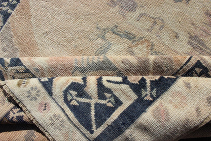 Vintage Turkish Oushak Rug in Tan & Navy Blue. Vintage Oushak Rug in Tan & Navy Blue With Floral Medallion Design and Sub Geometric Border in boteh and botanical motifs. Keivan Woven Arts/ rug EN - 179353, country of origin / type: Turkey / Ousha... - Keivan Woven ArtsEN - 179353 - 12357Rug