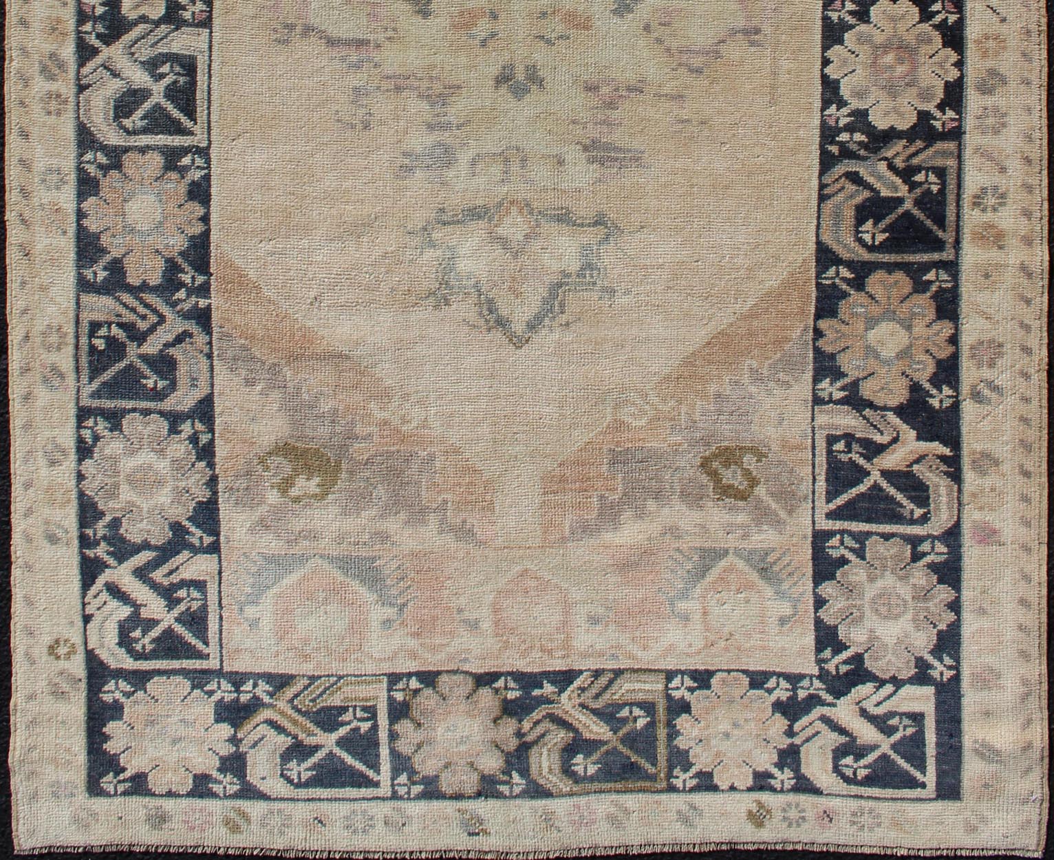 Vintage Turkish Oushak Rug in Tan & Navy Blue. Vintage Oushak Rug in Tan & Navy Blue With Floral Medallion Design and Sub Geometric Border in boteh and botanical motifs. Keivan Woven Arts/ rug EN - 179353, country of origin / type: Turkey / Ousha... - Keivan Woven ArtsEN - 179353 - 12357Rug