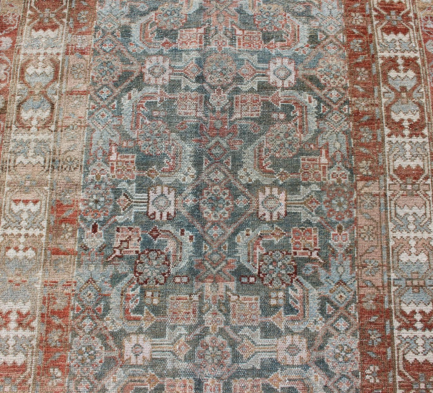 Antique Hand Knotted Persian Hamedan Runner With Sub - Geometric Design Earth Tones With Red Antique Persian Hamadan runner with sub - geometric design. Intricately designed antique Hamadan runner in light tones, rug EN - 179370, Keivan Woven Arts / c... - Keivan Woven ArtsEN - 179370 - 12387Rug
