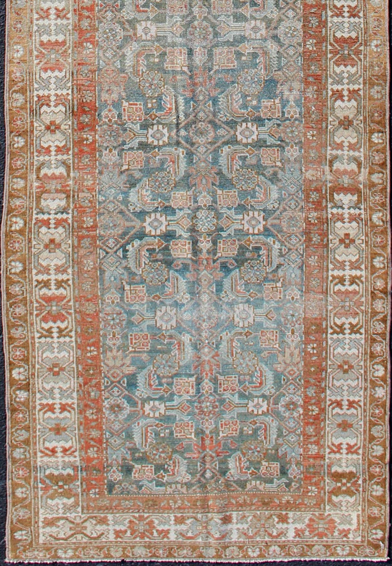 Antique Hand Knotted Persian Hamedan Runner With Sub - Geometric Design Earth Tones With Red Antique Persian Hamadan runner with sub - geometric design. Intricately designed antique Hamadan runner in light tones, rug EN - 179370, Keivan Woven Arts / c... - Keivan Woven ArtsEN - 179370 - 12387Rug