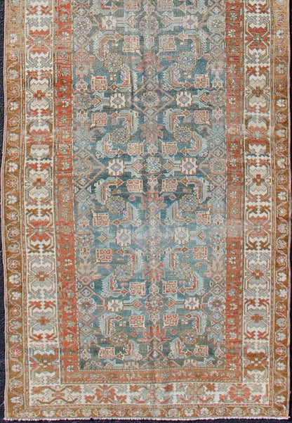 Antique Hand Knotted Persian Hamedan Runner With Sub - Geometric Design Earth Tones With Red Antique Persian Hamadan runner with sub - geometric design. Intricately designed antique Hamadan runner in light tones, rug EN - 179370, Keivan Woven Arts / c... - Keivan Woven ArtsEN - 179370 - 12387Rug