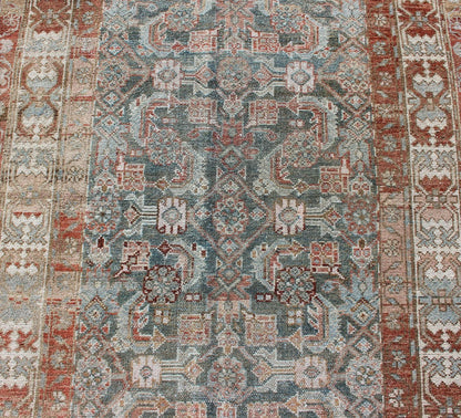Antique Hand Knotted Persian Hamedan Runner With Sub - Geometric Design Earth Tones With Red Antique Persian Hamadan runner with sub - geometric design. Intricately designed antique Hamadan runner in light tones, rug EN - 179370, Keivan Woven Arts / c... - Keivan Woven ArtsEN - 179370 - 12387Rug