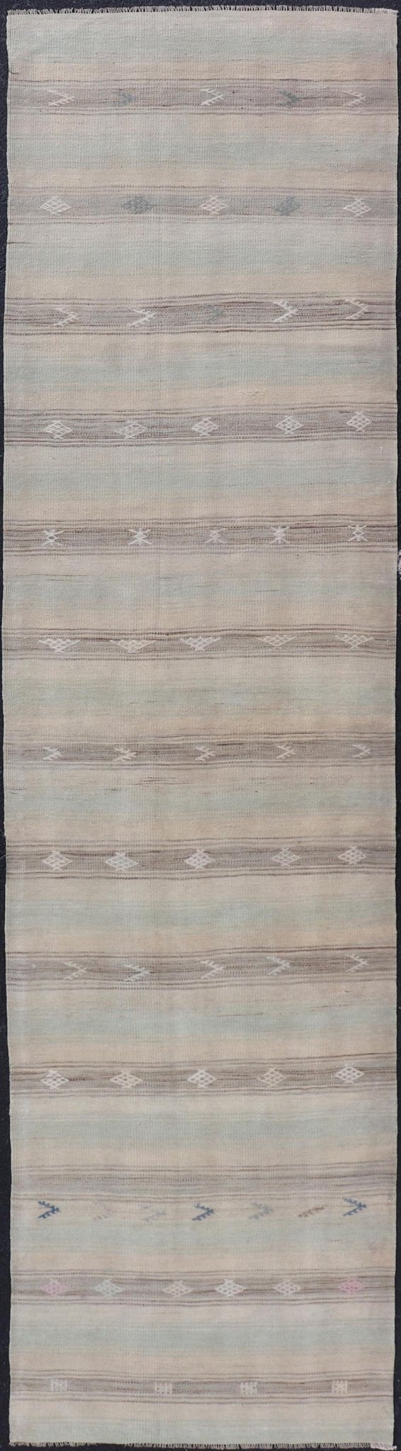 Vintage Turkish Kilim Runner with Horizontal Stripes and Tribal Motifs Vintage Kilim Runner, rug EN - 179377, country of origin / type: Turkey / Kilim, circa Mid - 20th Century. Measures: 2'8 x 10'10. - Keivan Woven ArtsEN - 179377 - 18601Rug