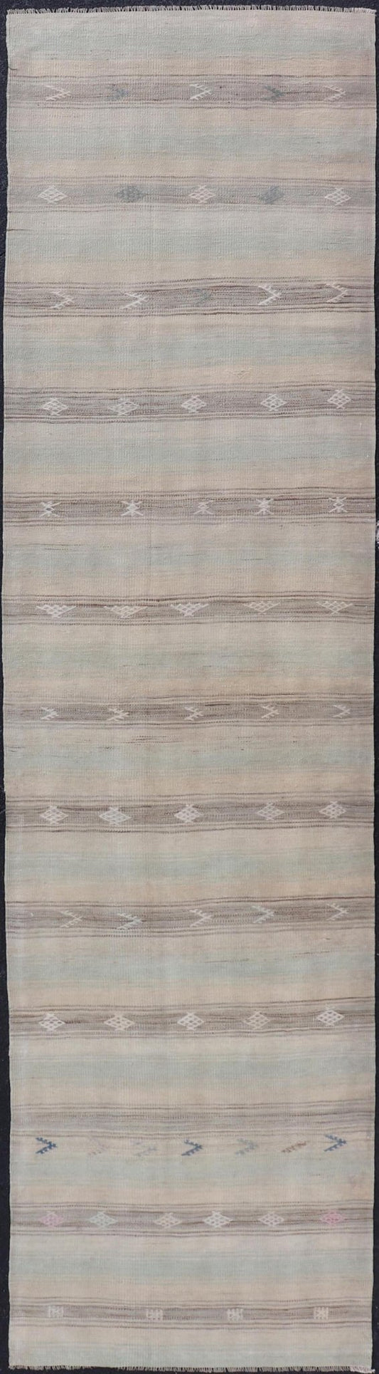 Vintage Turkish Kilim Runner with Horizontal Stripes and Tribal Motifs Vintage Kilim Runner, rug EN - 179377, country of origin / type: Turkey / Kilim, circa Mid - 20th Century. Measures: 2'8 x 10'10. - Keivan Woven ArtsEN - 179377 - 18601Rug