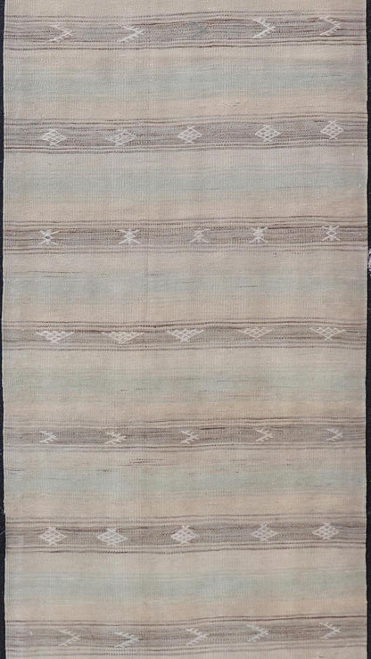Vintage Turkish Kilim Runner with Horizontal Stripes and Tribal Motifs Vintage Kilim Runner, rug EN - 179377, country of origin / type: Turkey / Kilim, circa Mid - 20th Century. Measures: 2'8 x 10'10. - Keivan Woven ArtsEN - 179377 - 18601Rug