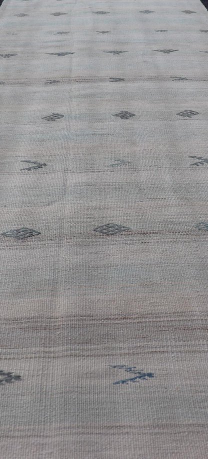 Vintage Turkish Kilim Runner with Horizontal Stripes and Tribal Motifs in neutral tones, light blue Vintage Kilim Runner in ice blue, taupe and light neutral colors. Keivan Woven Arts/rug EN - 179378, country of origin / type: Turkey / Kilim, circ... - Keivan Woven ArtsEN - 179378 - 18535Rug