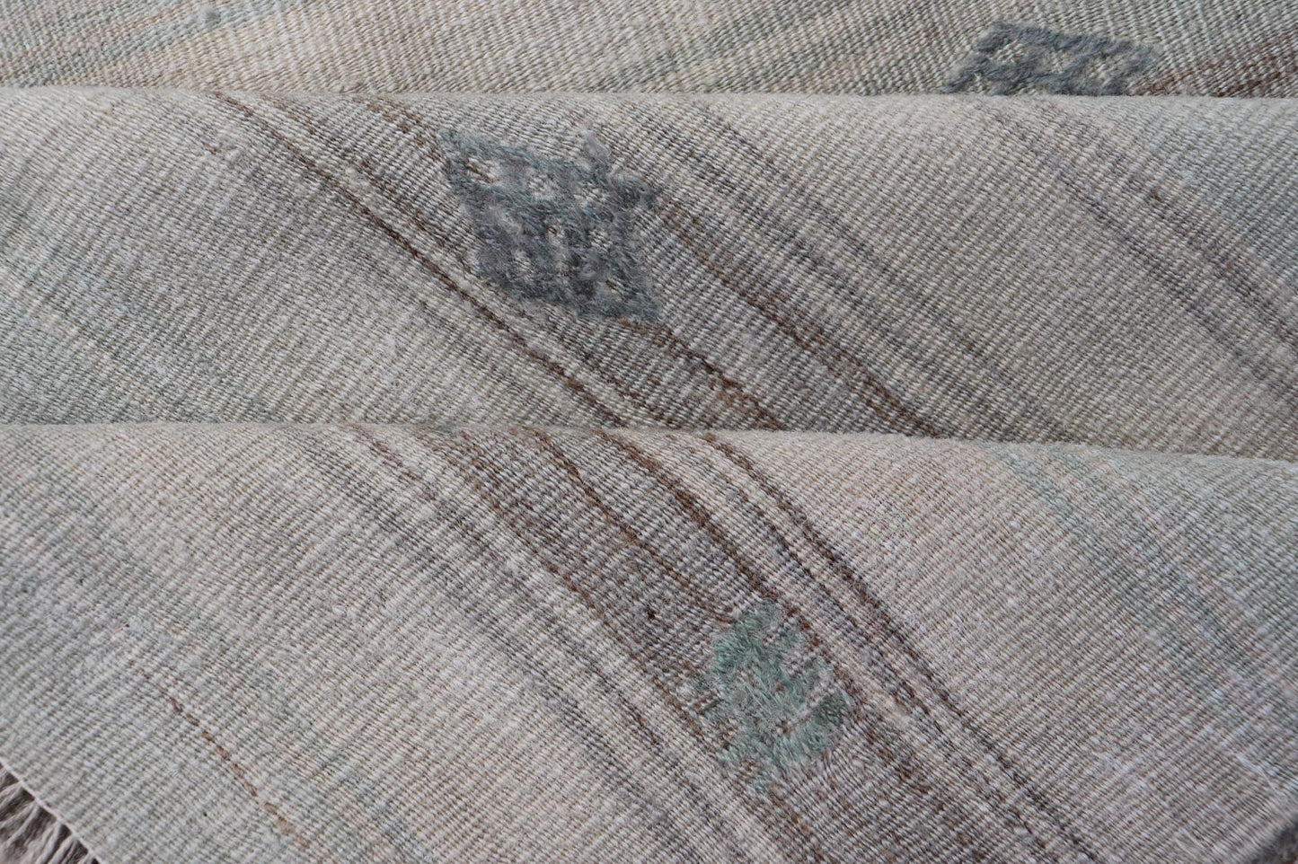 Vintage Turkish Kilim Runner with Horizontal Stripes and Tribal Motifs in neutral tones, light blue Vintage Kilim Runner in ice blue, taupe and light neutral colors. Keivan Woven Arts/rug EN - 179378, country of origin / type: Turkey / Kilim, circ... - Keivan Woven ArtsEN - 179378 - 18535Rug