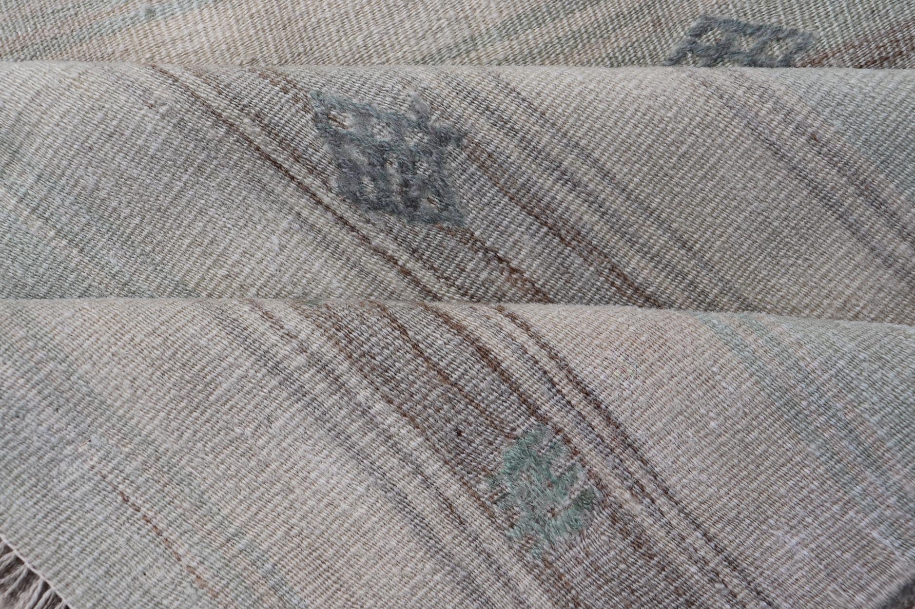 Vintage Turkish Kilim Runner with Horizontal Stripes and Tribal Motifs in neutral tones, light blue Vintage Kilim Runner in ice blue, taupe and light neutral colors. Keivan Woven Arts/rug EN - 179378, country of origin / type: Turkey / Kilim, circ... - Keivan Woven ArtsEN - 179378 - 18535Rug