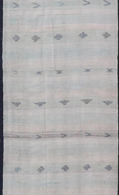 Vintage Turkish Kilim Runner with Horizontal Stripes and Tribal Motifs in neutral tones, light blue Vintage Kilim Runner in ice blue, taupe and light neutral colors. Keivan Woven Arts/rug EN - 179378, country of origin / type: Turkey / Kilim, circ... - Keivan Woven ArtsEN - 179378 - 18535Rug