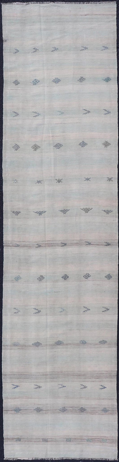 Vintage Turkish Kilim Runner with Horizontal Stripes and Tribal Motifs in neutral tones, light blue Vintage Kilim Runner in ice blue, taupe and light neutral colors. Keivan Woven Arts/rug EN - 179378, country of origin / type: Turkey / Kilim, circ... - Keivan Woven ArtsEN - 179378 - 18535Rug