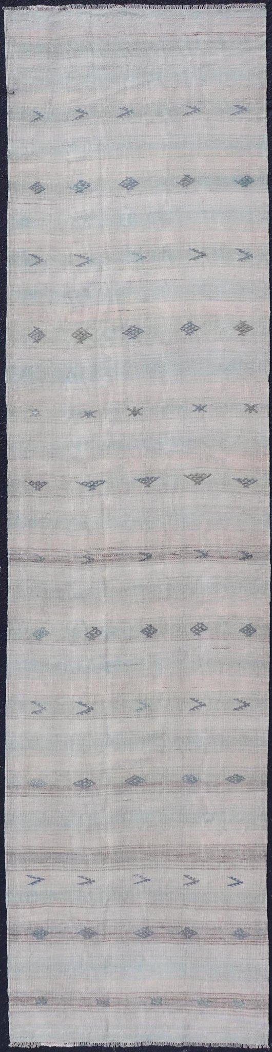 Vintage Turkish Kilim Runner with Horizontal Stripes and Tribal Motifs in neutral tones, light blue Vintage Kilim Runner in ice blue, taupe and light neutral colors. Keivan Woven Arts/rug EN - 179378, country of origin / type: Turkey / Kilim, circ... - Keivan Woven ArtsEN - 179378 - 18535Rug