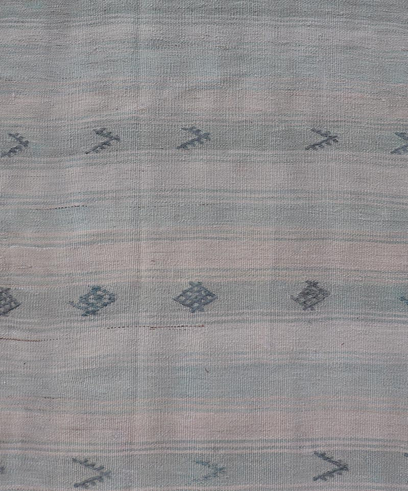 Vintage Turkish Kilim Runner with Horizontal Stripes and Tribal Motifs in neutral tones, light blue Vintage Kilim Runner in ice blue, taupe and light neutral colors. Keivan Woven Arts/rug EN - 179378, country of origin / type: Turkey / Kilim, circ... - Keivan Woven ArtsEN - 179378 - 18535Rug