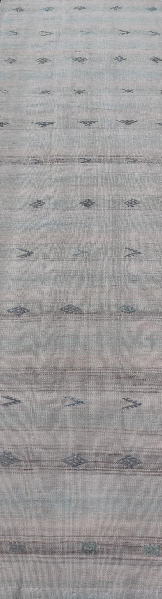 Vintage Turkish Kilim Runner with Horizontal Stripes and Tribal Motifs in neutral tones, light blue Vintage Kilim Runner in ice blue, taupe and light neutral colors. Keivan Woven Arts/rug EN - 179378, country of origin / type: Turkey / Kilim, circ... - Keivan Woven ArtsEN - 179378 - 18535Rug