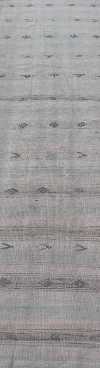Vintage Turkish Kilim Runner with Horizontal Stripes and Tribal Motifs in neutral tones, light blue Vintage Kilim Runner in ice blue, taupe and light neutral colors. Keivan Woven Arts/rug EN - 179378, country of origin / type: Turkey / Kilim, circ... - Keivan Woven ArtsEN - 179378 - 18535Rug