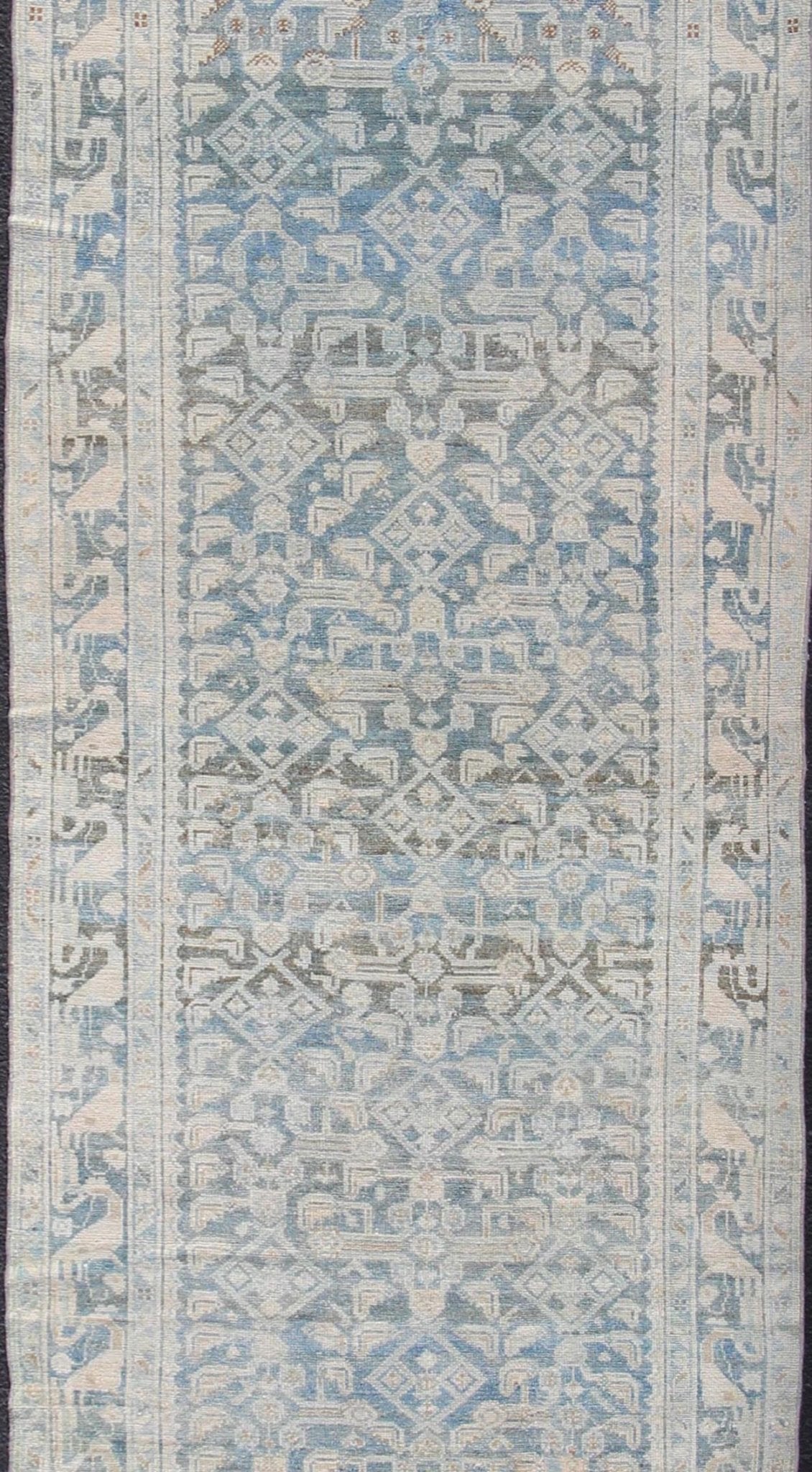Long Antique Persian Malayer Runner with All Over Herati Design in Soft Blue Light color blue and neutral long antique Persian Malayer runner with Sub - Geometric Herati design. Intricately designed antique a Malayer runner in light tones, Keivan... - Keivan Woven ArtsEN - 179395 - 12399Rug