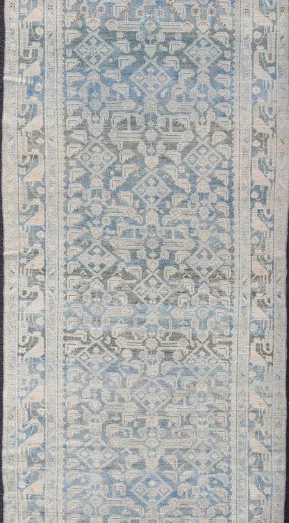 Long Antique Persian Malayer Runner with All Over Herati Design in Soft Blue Light color blue and neutral long antique Persian Malayer runner with Sub - Geometric Herati design. Intricately designed antique a Malayer runner in light tones, Keivan... - Keivan Woven ArtsEN - 179395 - 12399Rug