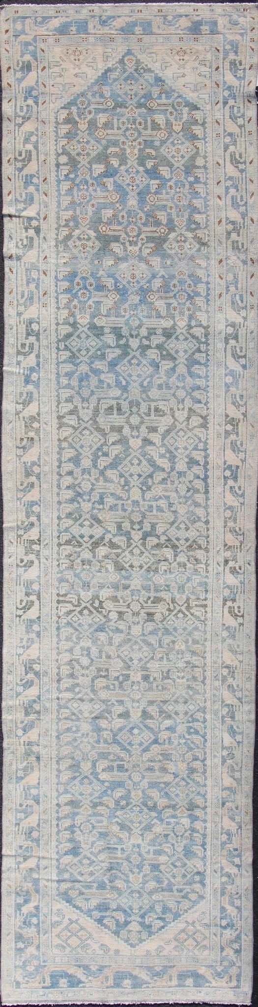 Long Antique Persian Malayer Runner with All Over Herati Design in Soft Blue Light color blue and neutral long antique Persian Malayer runner with Sub - Geometric Herati design. Intricately designed antique a Malayer runner in light tones, Keivan... - Keivan Woven ArtsEN - 179395 - 12399