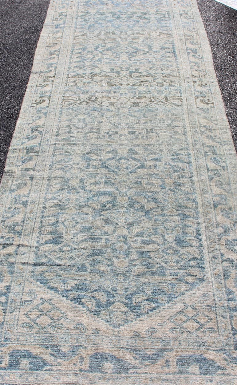 Long Antique Persian Malayer Runner with All Over Herati Design in Soft Blue Light color blue and neutral long antique Persian Malayer runner with Sub - Geometric Herati design. Intricately designed antique a Malayer runner in light tones, Keivan... - Keivan Woven ArtsEN - 179395 - 12399Rug
