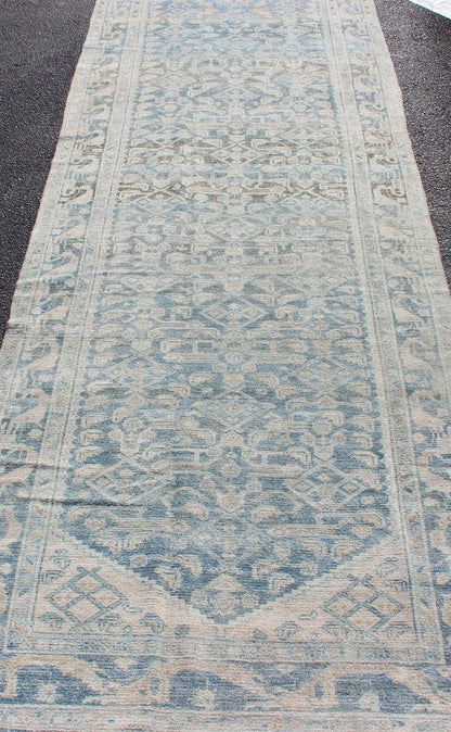 Long Antique Persian Malayer Runner with All Over Herati Design in Soft Blue Light color blue and neutral long antique Persian Malayer runner with Sub - Geometric Herati design. Intricately designed antique a Malayer runner in light tones, Keivan... - Keivan Woven ArtsEN - 179395 - 12399Rug