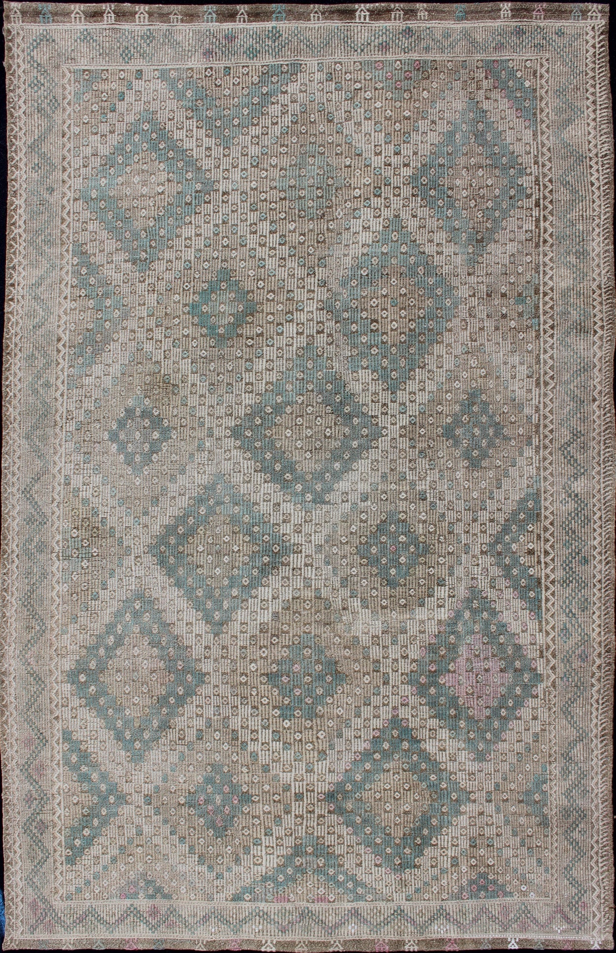 Diamond Design Vintage Turkish Embroidered Kilim in Light Teal blue, Tan, Brown. Turkish vintage Embroidered flat woven carpet, rug EN - 179404, country of origin / type: Turkey / Oushak, circa 1940 This Embroidered kilim rug from Turkey fe... - Keivan Woven ArtsEN - 179404 - 12783Rug