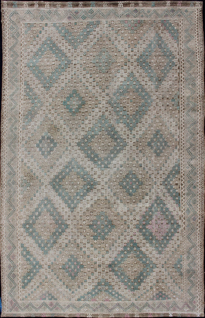 Diamond Design Vintage Turkish Embroidered Kilim in Light Teal blue, Tan, Brown. Turkish vintage Embroidered flat woven carpet, rug EN - 179404, country of origin / type: Turkey / Oushak, circa 1940 This Embroidered kilim rug from Turkey fe... - Keivan Woven ArtsEN - 179404 - 12783Rug