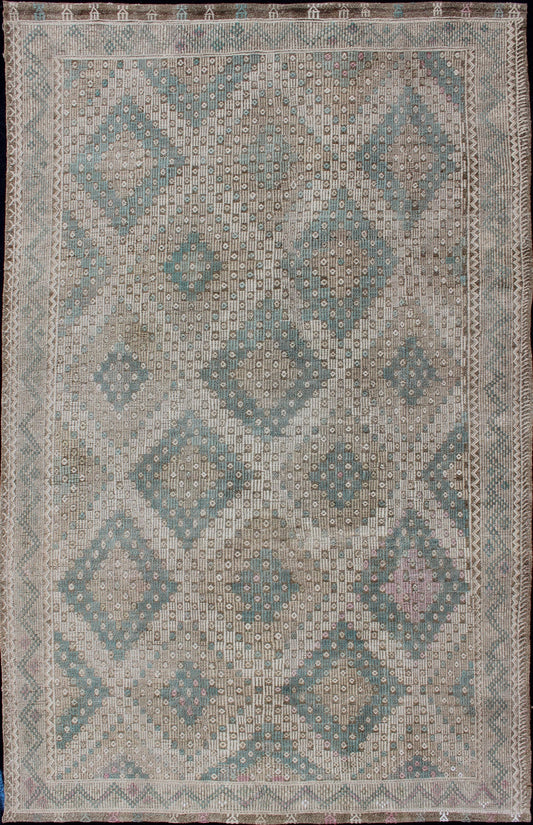 Diamond Design Vintage Turkish Embroidered Kilim in Light Teal blue, Tan, Brown. Turkish vintage Embroidered flat woven carpet, rug EN - 179404, country of origin / type: Turkey / Oushak, circa 1940 This Embroidered kilim rug from Turkey fe... - Keivan Woven ArtsEN - 179404 - 12783Rug