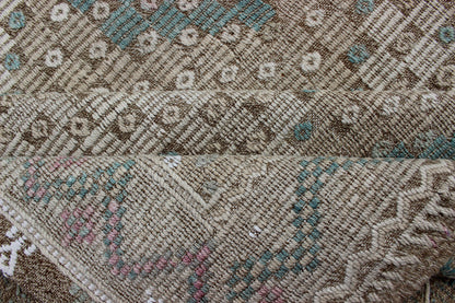 Diamond Design Vintage Turkish Embroidered Kilim in Light Teal blue, Tan, Brown. Turkish vintage Embroidered flat woven carpet, rug EN - 179404, country of origin / type: Turkey / Oushak, circa 1940 This Embroidered kilim rug from Turkey fe... - Keivan Woven ArtsEN - 179404 - 12783Rug