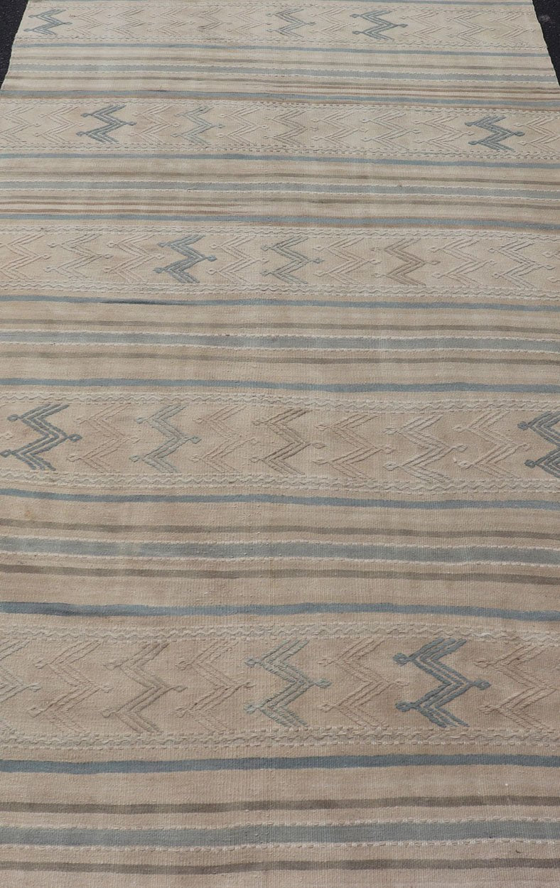 Turkish Vintage Kilim With Embroidered Motifs in Light Tan, Blue L. Brown Keivan Woven Arts / rug EN - 179451, country of origin / type: Turkey / Kilim, circa 1950 This flat - woven Kilim from Turkey features an enticing composition consisting of st... - Keivan Woven ArtsEN - 179451 - 17580Rug