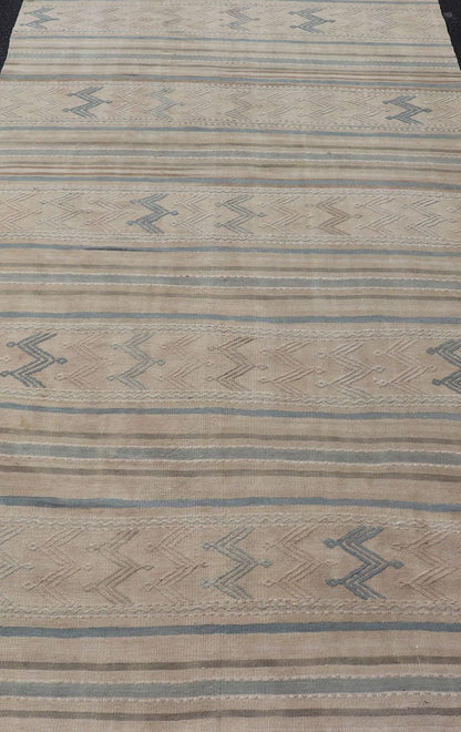 Turkish Vintage Kilim With Embroidered Motifs in Light Tan, Blue L. Brown Keivan Woven Arts / rug EN - 179451, country of origin / type: Turkey / Kilim, circa 1950 This flat - woven Kilim from Turkey features an enticing composition consisting of st... - Keivan Woven ArtsEN - 179451 - 17580Rug