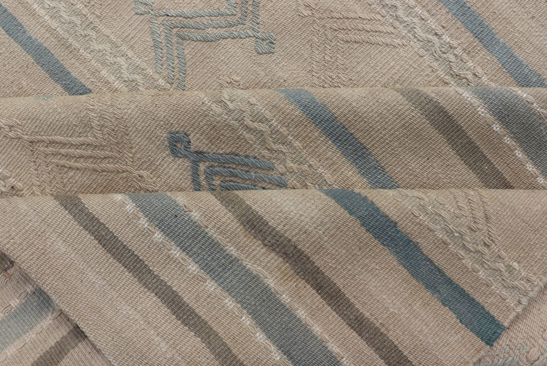 Turkish Vintage Kilim With Embroidered Motifs in Light Tan, Blue L. Brown Keivan Woven Arts / rug EN - 179451, country of origin / type: Turkey / Kilim, circa 1950 This flat - woven Kilim from Turkey features an enticing composition consisting of st... - Keivan Woven ArtsEN - 179451 - 17580Rug